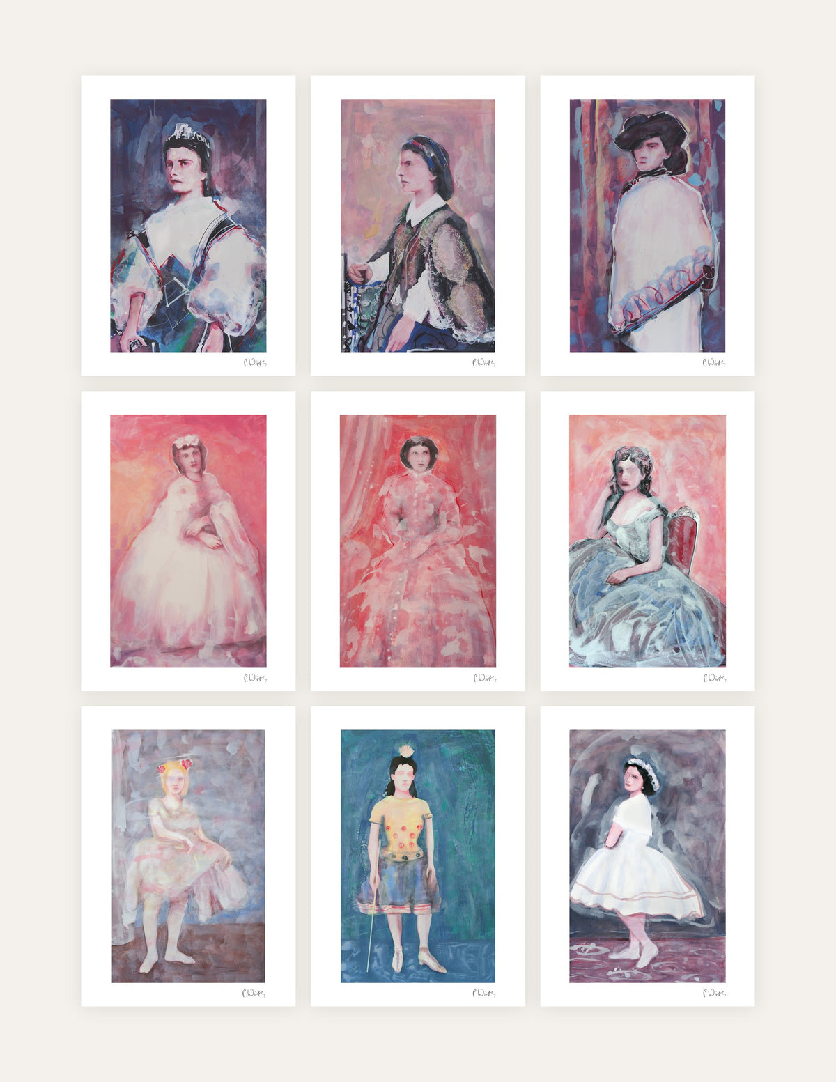 The Album of Beauties · Nine – every sheet of the set with its white margin and printed signature, laid out side by side