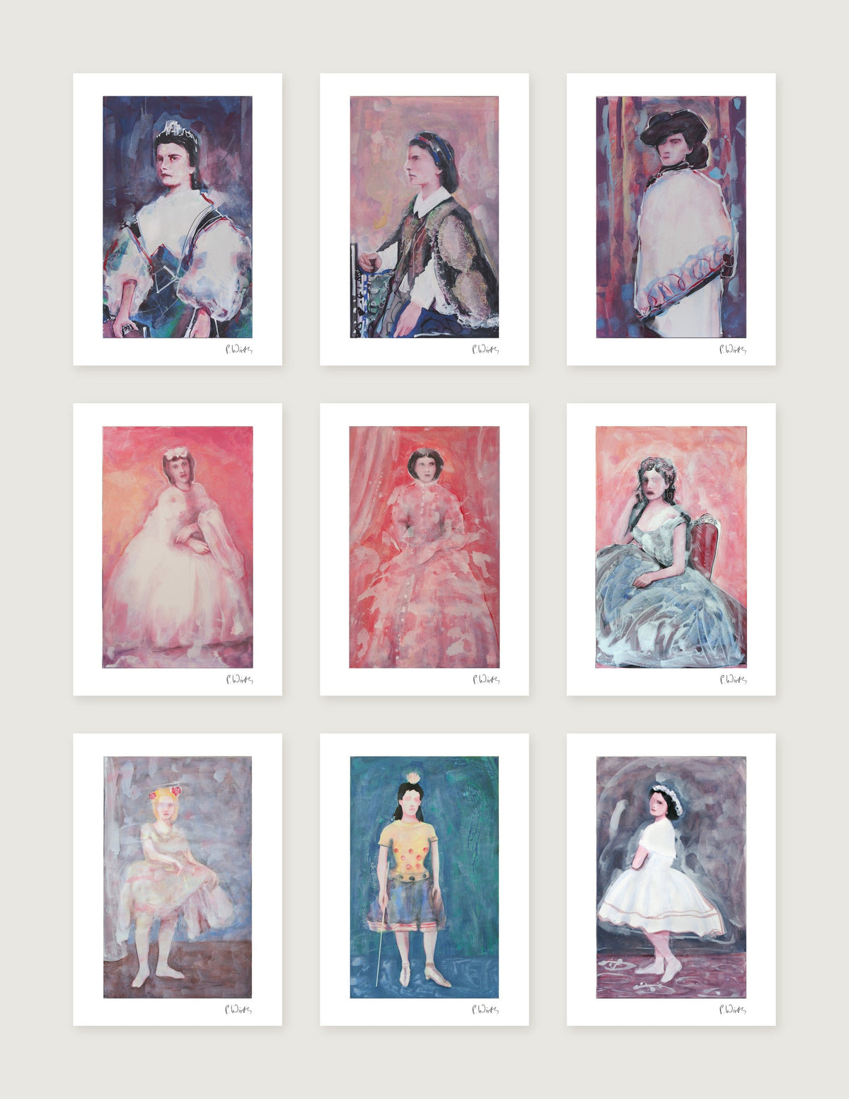 Neun Blätter in drei Reihen zu drei: Marie von Neapel II · Marie von Neapel III · Marie von Neapel V · Madame Narischkin · Marquise Hélène Pallavicini · Mademoiselle Silvia Judith · Unbekannte Tänzerin · Mademoiselle Léonie, Varietékünstlerin · Mademoiselle Laurent, Tänzerin der Pariser Oper — Peter Wirth