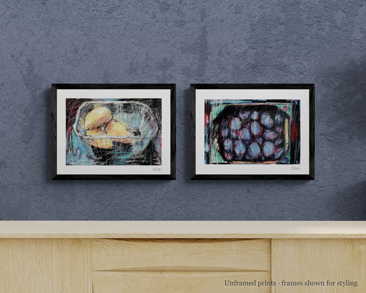 Basket and Crate · Two by Peter Wirth, the set shown framed on a wall – unframed prints, frames shown for styling