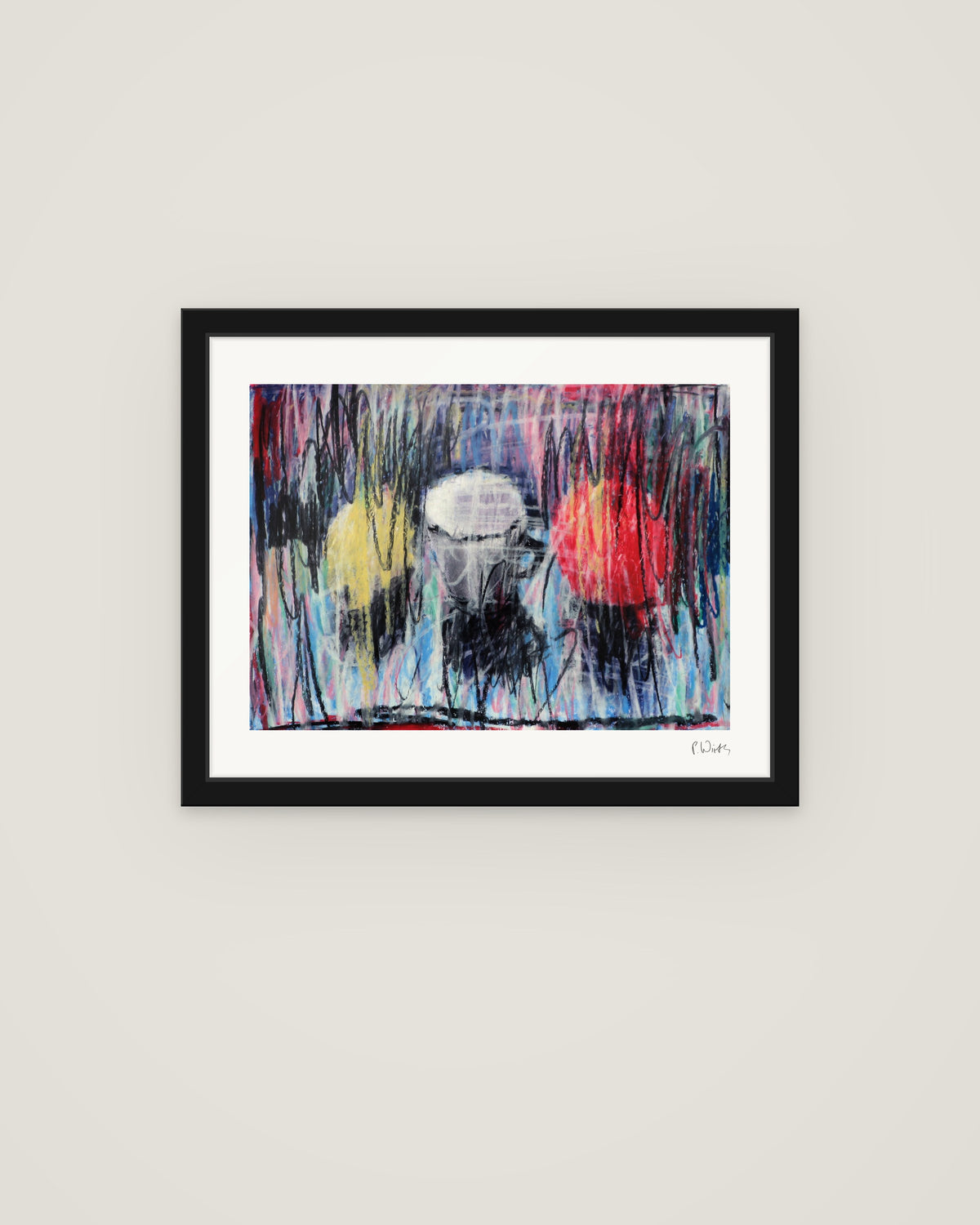 Between Yellow and Red by Peter Wirth, framed in slim black wood with acrylic glazing