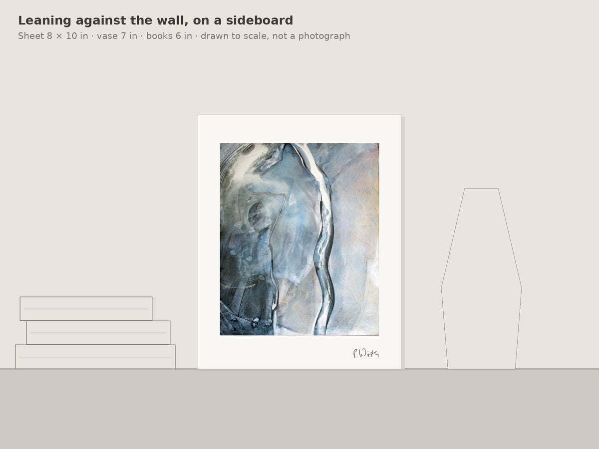 Black Water, White Light by Peter Wirth, leaning against the wall on a sideboard, drawn to scale
