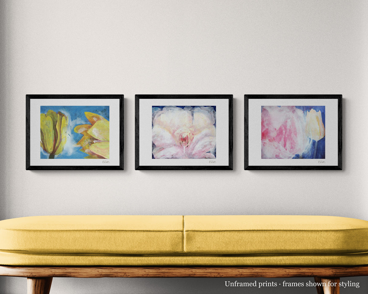 Blooms in Blue Space · Three by Peter Wirth, the set shown framed on a wall – unframed prints, frames shown for styling