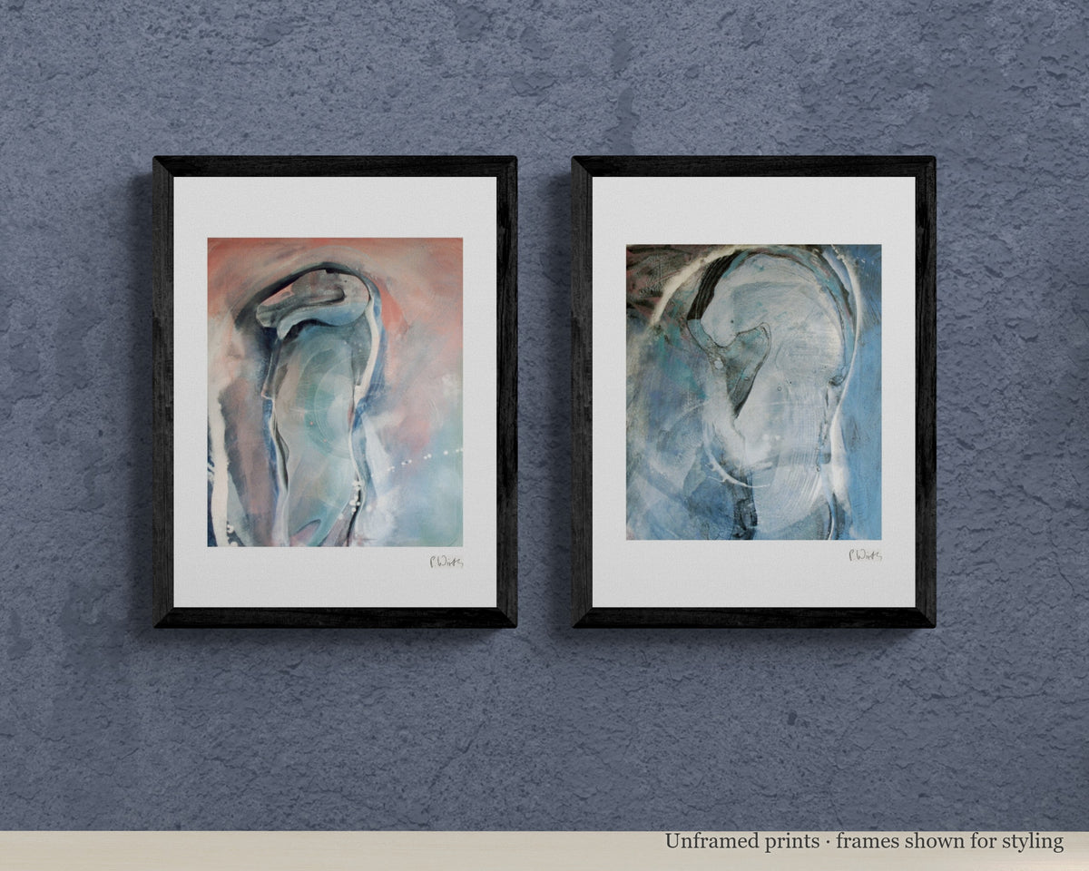 Coral and Gray · Two by Peter Wirth, the set shown framed on a wall – unframed prints, frames shown for styling