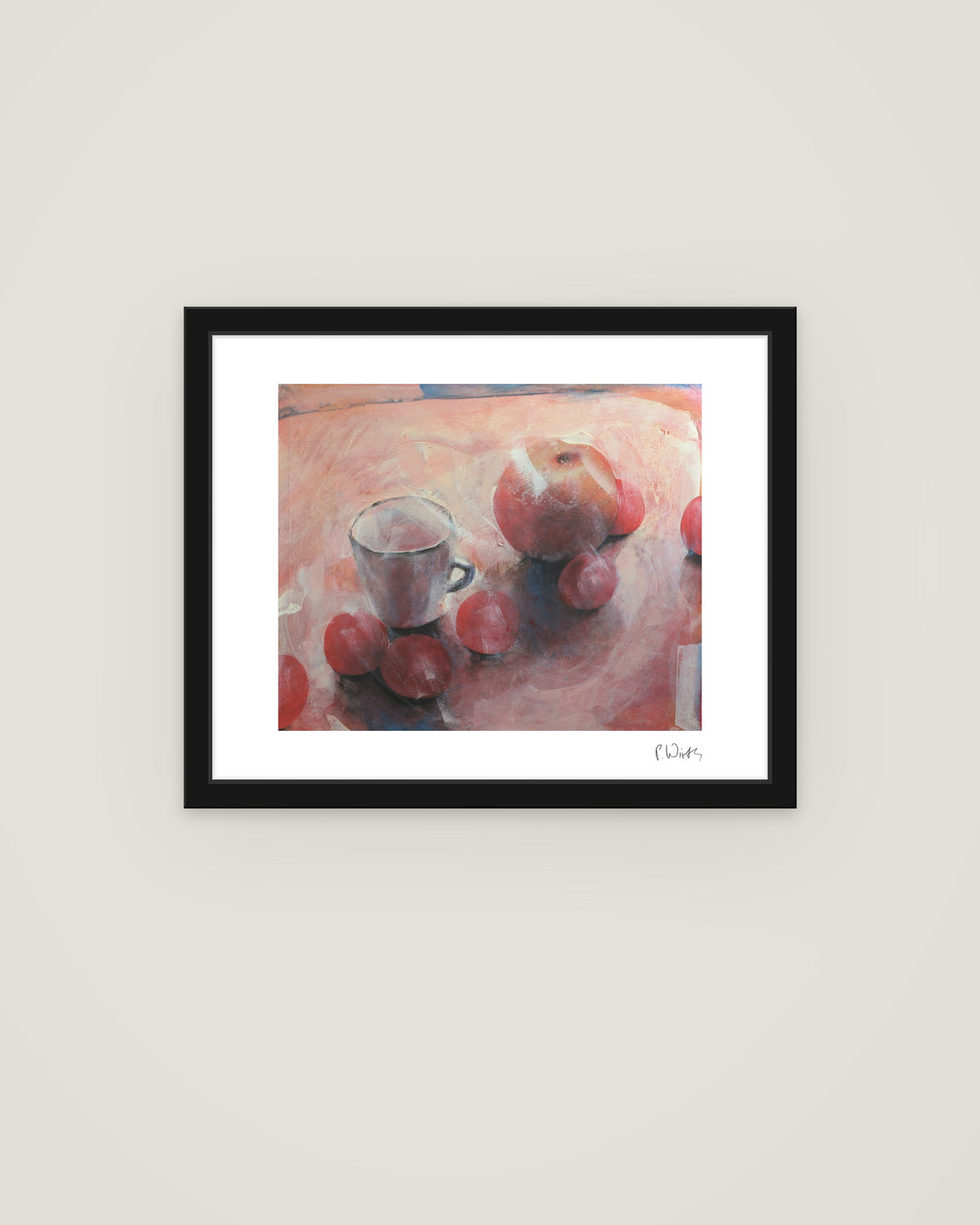 Cup and Red Fruit by Peter Wirth, framed in slim black wood with acrylic glazing