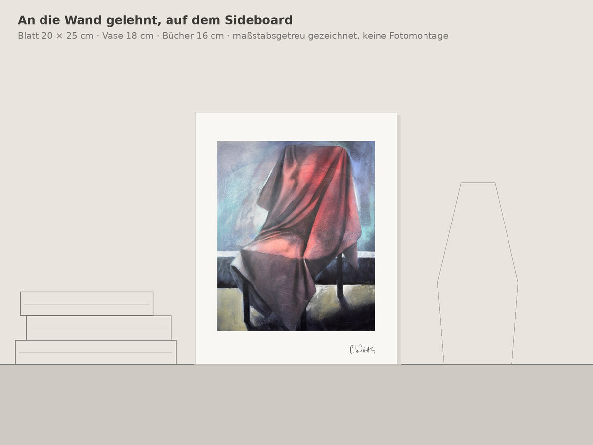 „Das rote Tuch, quer geworfen“ von Peter Wirth, an die Wand gelehnt auf einem Sideboard, maßstabsgetreu gezeichnet