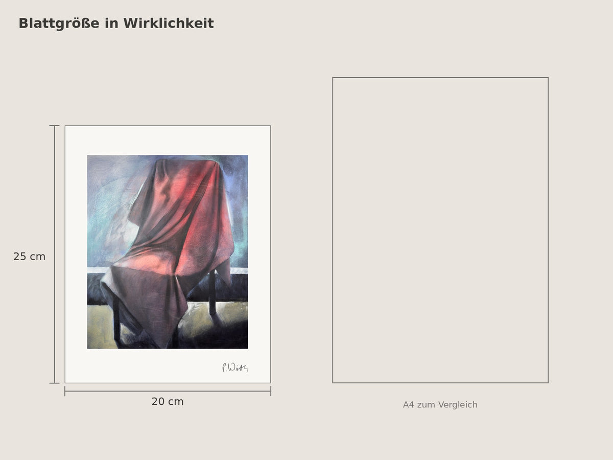 „Das rote Tuch, quer geworfen“ von Peter Wirth, Blattgröße 20 × 25 cm neben einem A4-Blatt