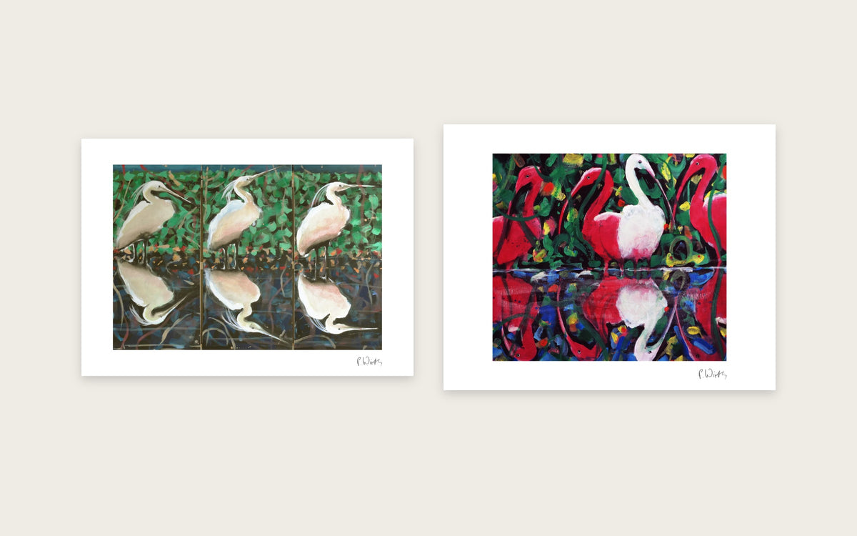 Egrets and Ibises by Peter Wirth, a set of 2 prints shown side by side
