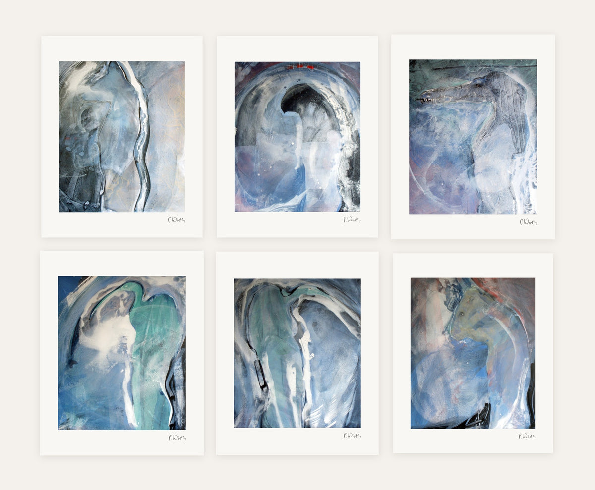 Egyptian Guardians · Six – every sheet of the set with its white margin and printed signature, laid out side by side