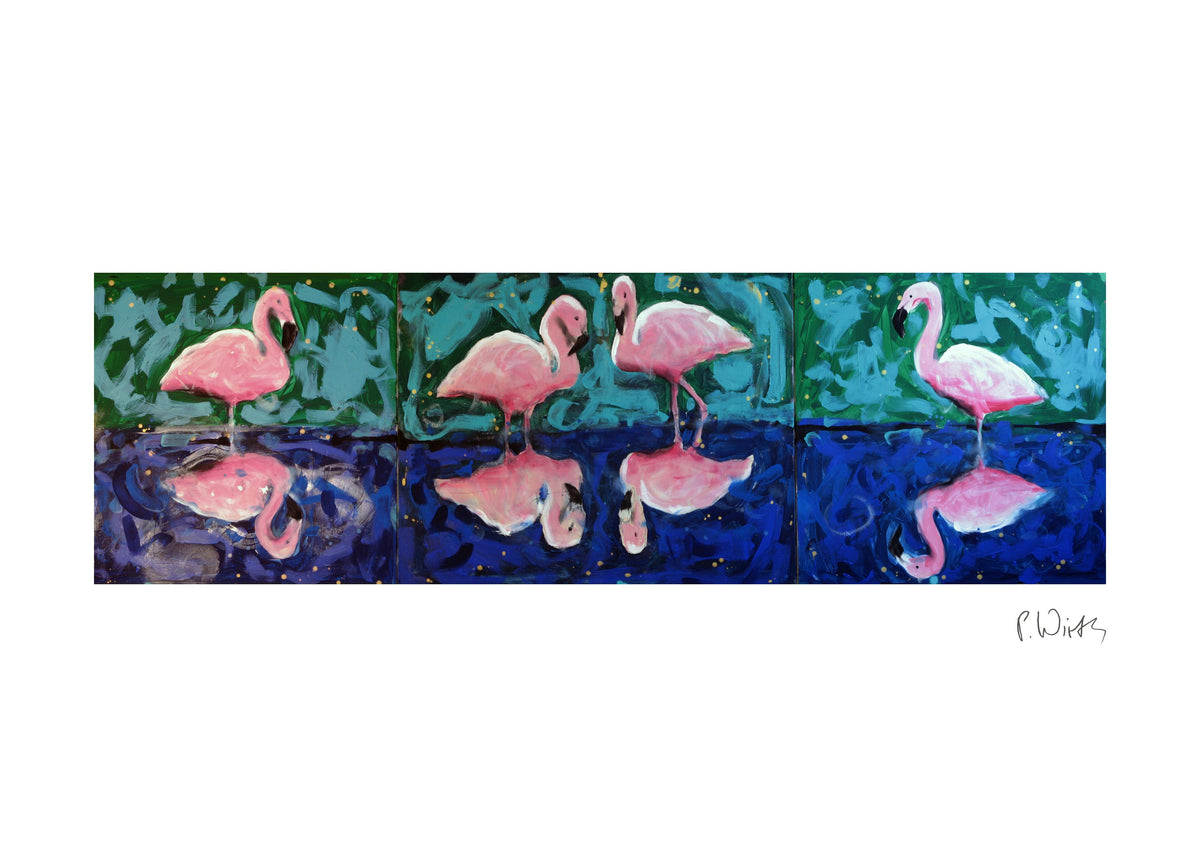 Flamingos hinter Grün — Fine-Art-Druck nach Peter Wirth, Blatt mit weißem Rand und Signatur