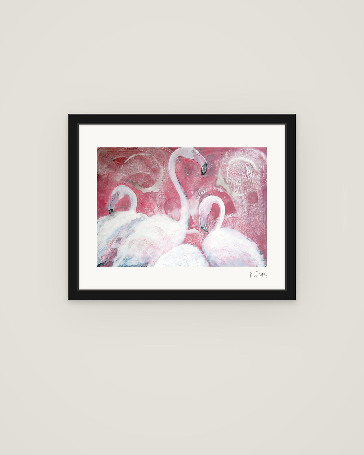 Flamingos I von Peter Wirth, im schmalen schwarzen Holzrahmen