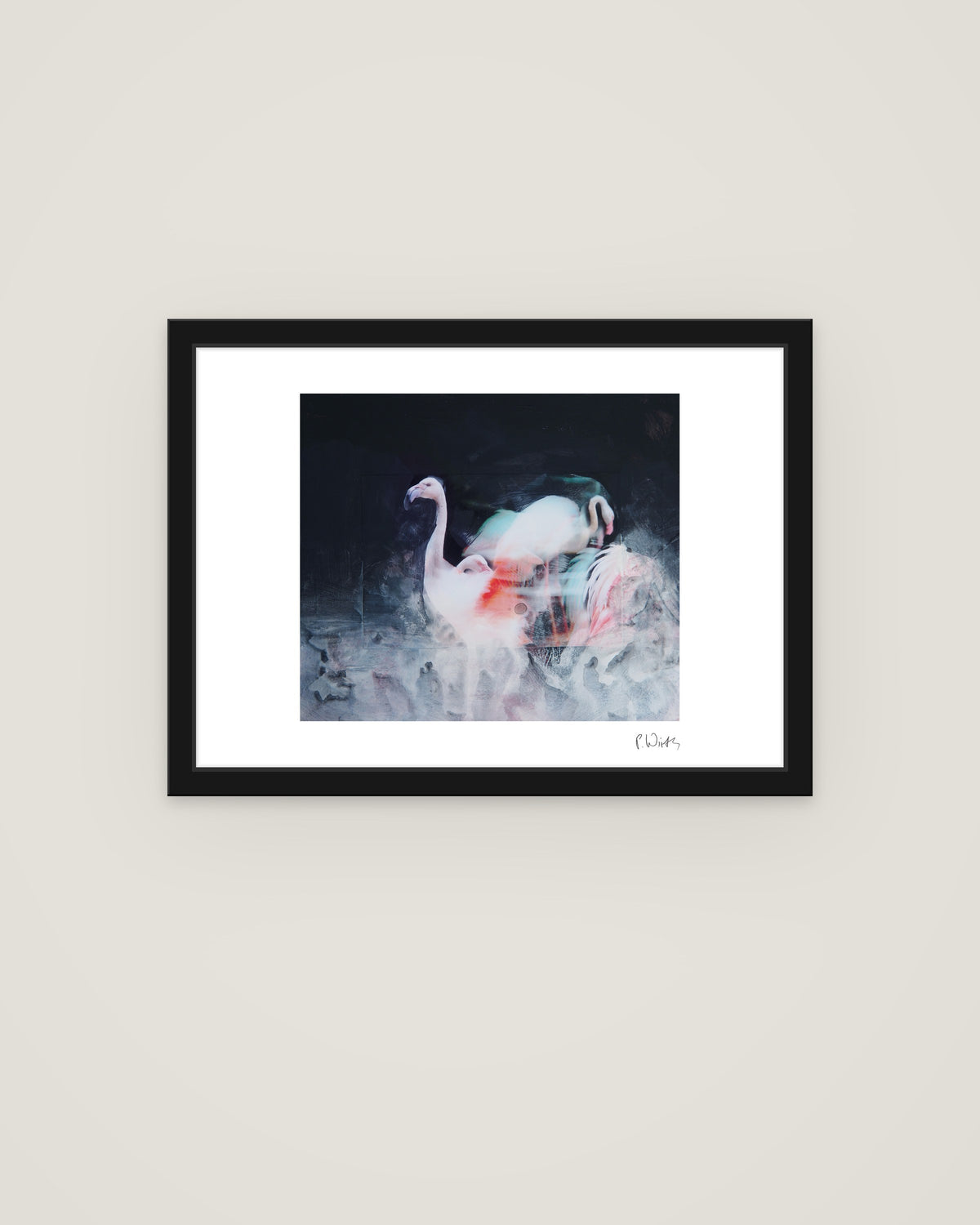 Flamingos im Dunkel von Peter Wirth, im schmalen schwarzen Holzrahmen