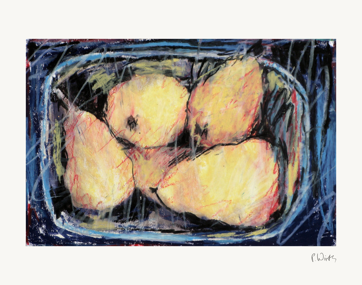 Four Pears in the Blue Dish by Peter Wirth, the full sheet with its white margin and printed signature