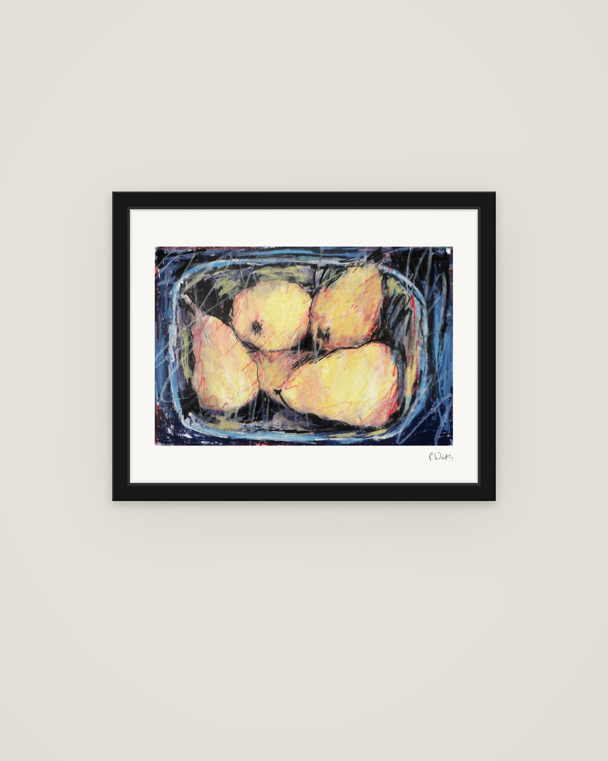 Four Pears in the Blue Dish by Peter Wirth, framed in slim black wood with acrylic glazing