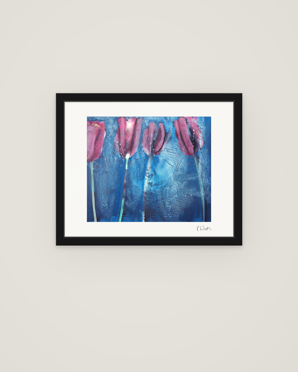 Four Tulips II by Peter Wirth, framed in slim black wood with acrylic glazing