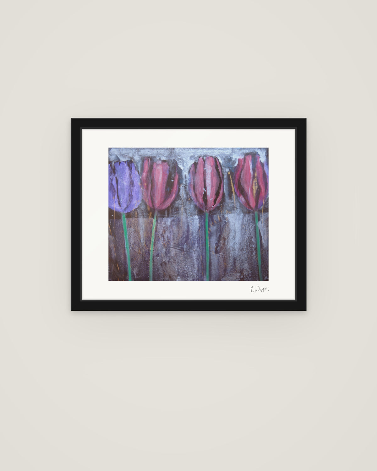 Four Tulips I by Peter Wirth, framed in slim black wood with acrylic glazing