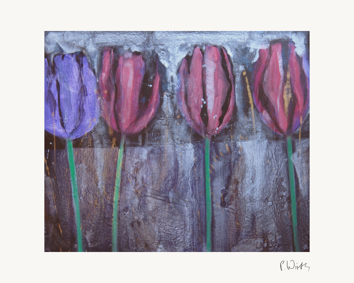 Four Tulips I by Peter Wirth, the full sheet with its white margin and printed signature