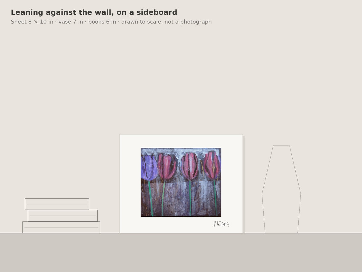 Four Tulips I by Peter Wirth, leaning against the wall on a sideboard, drawn to scale