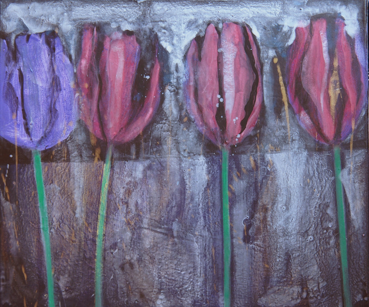 Four stylized tulips in violet and magenta against a highly textured, silver-grey background with golden accents — Peter Wirth