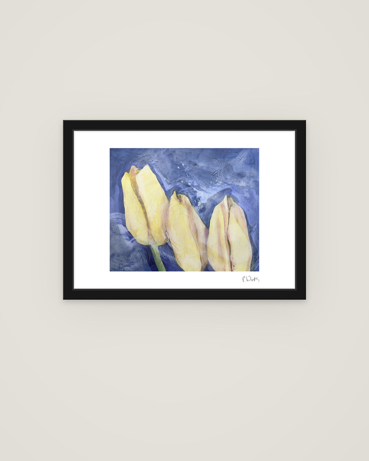 Four Yellow Tulips by Peter Wirth, framed in slim black wood with acrylic glazing