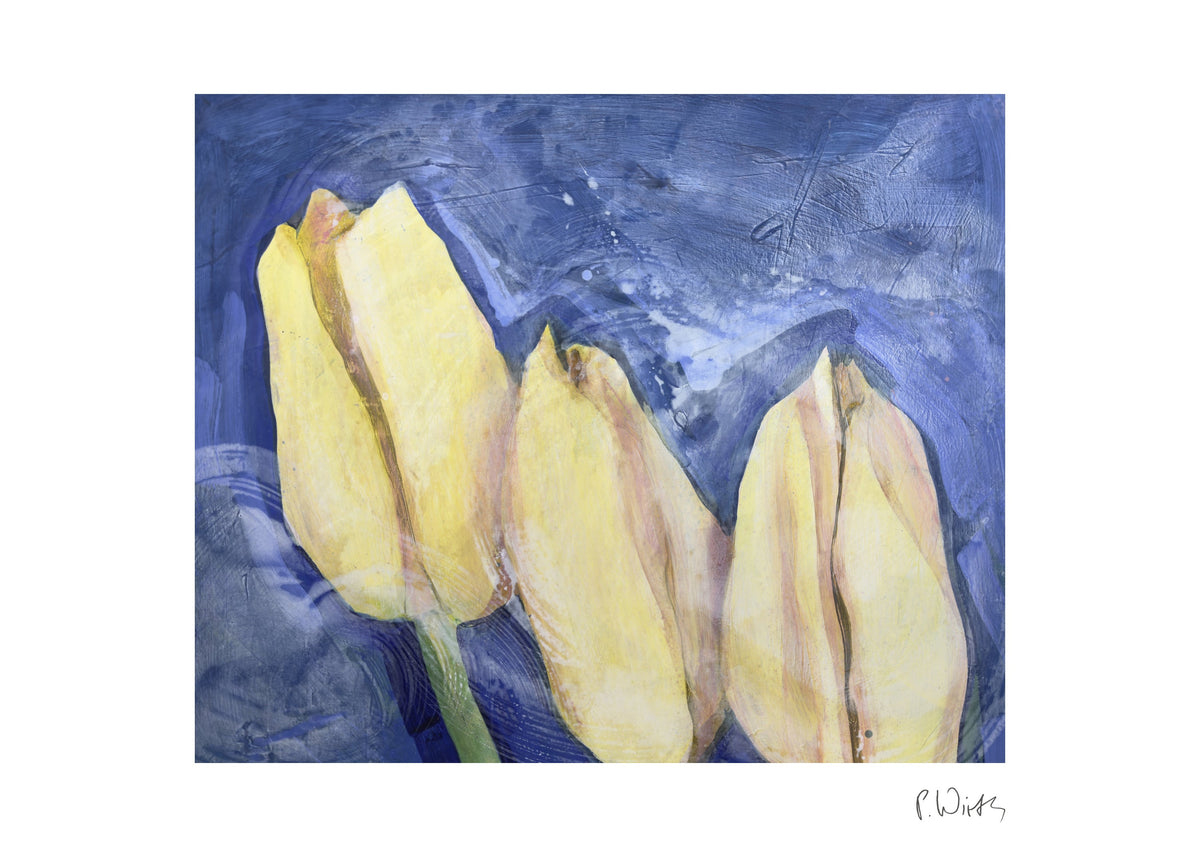 Vier gelbe Tulpen — Fine-Art-Druck nach Peter Wirth, Blatt mit weißem Rand und Signatur