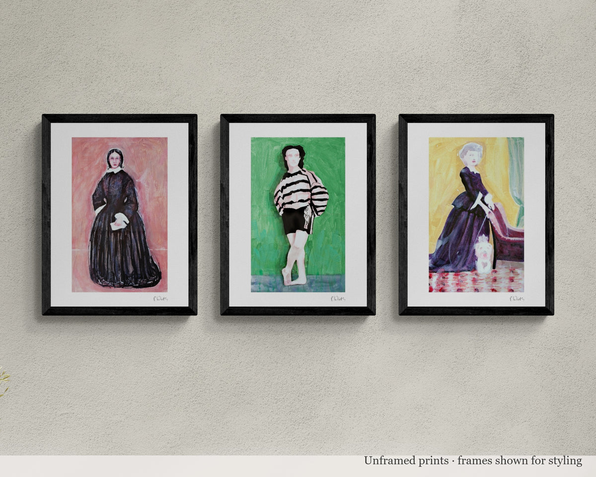 Free Spirits · Three by Peter Wirth, the set shown framed on a wall – unframed prints, frames shown for styling