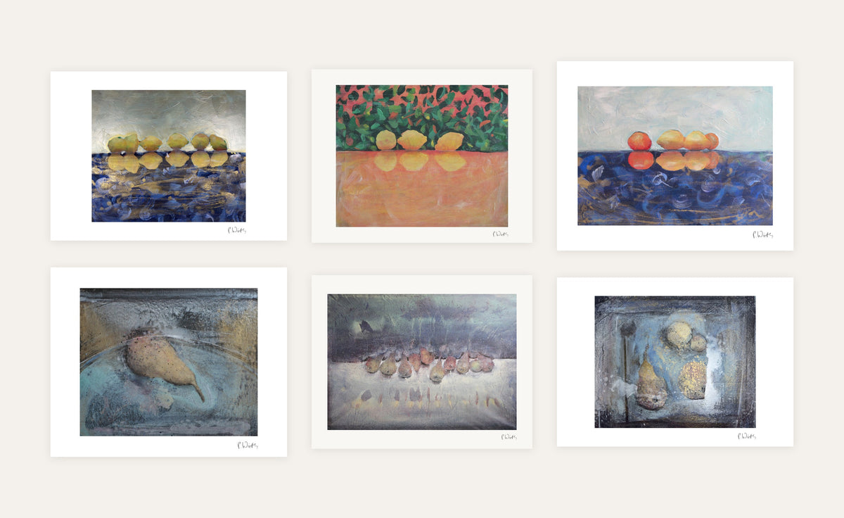 Fruit and Water · Six – every sheet of the set with its white margin and printed signature, laid out side by side