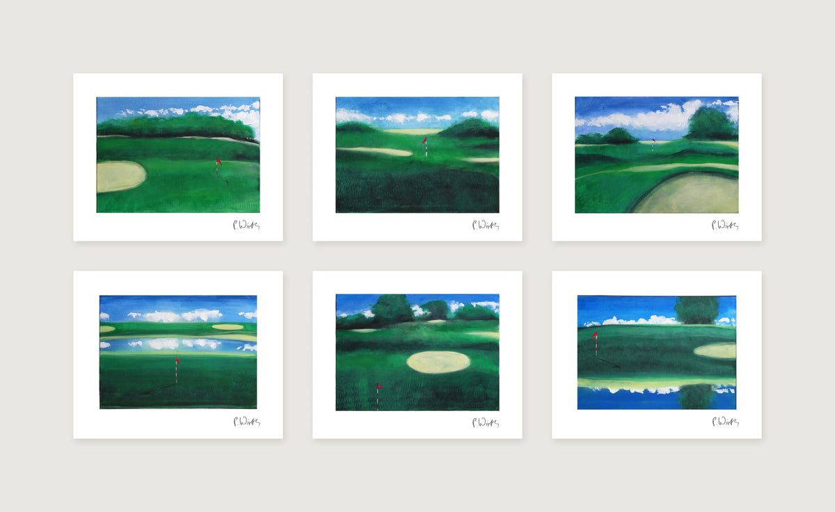 Sechs Blätter in zwei Reihen zu drei: Nachmittag am Grün · Die rote Fahne · Weiter Himmel · Wolken auf dem Wasser · Sommerlicht auf dem Fairway · Der Baum am Grün — Peter Wirth