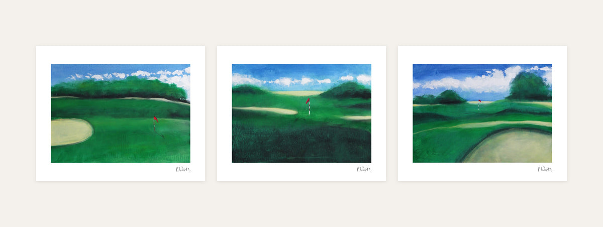 Golf · Three – every sheet of the set with its white margin and printed signature, laid out side by side