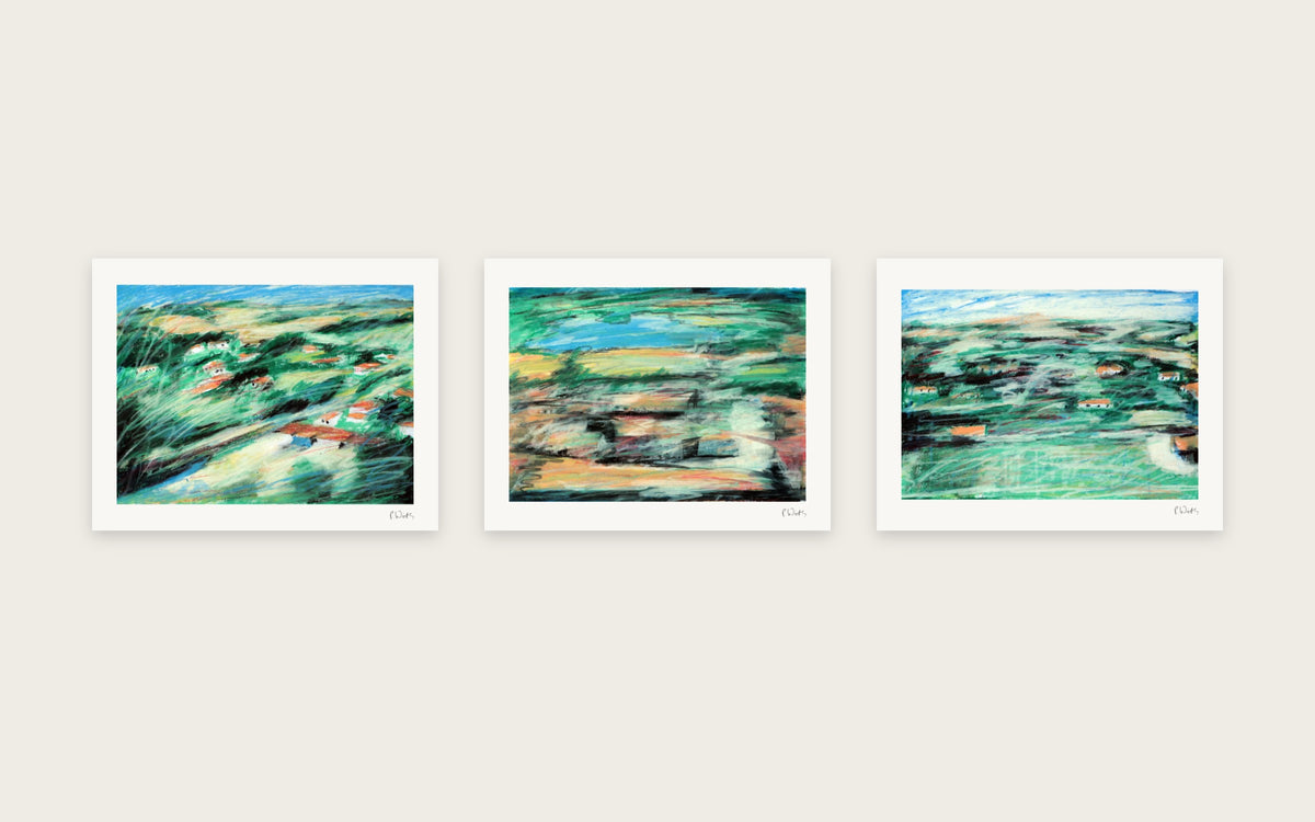 Green Land from Above by Peter Wirth, a set of 3 prints shown side by side