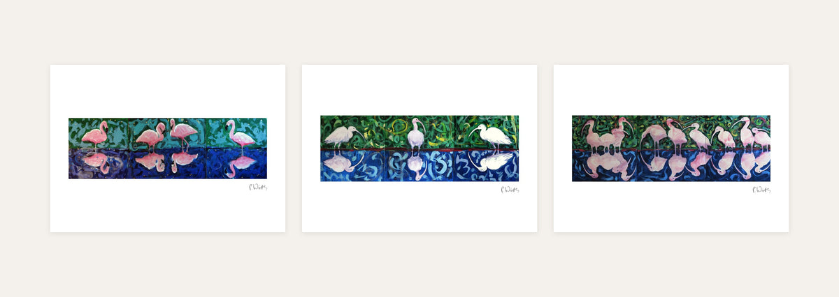 Green over Blue · Three – every sheet of the set with its white margin and printed signature, laid out side by side