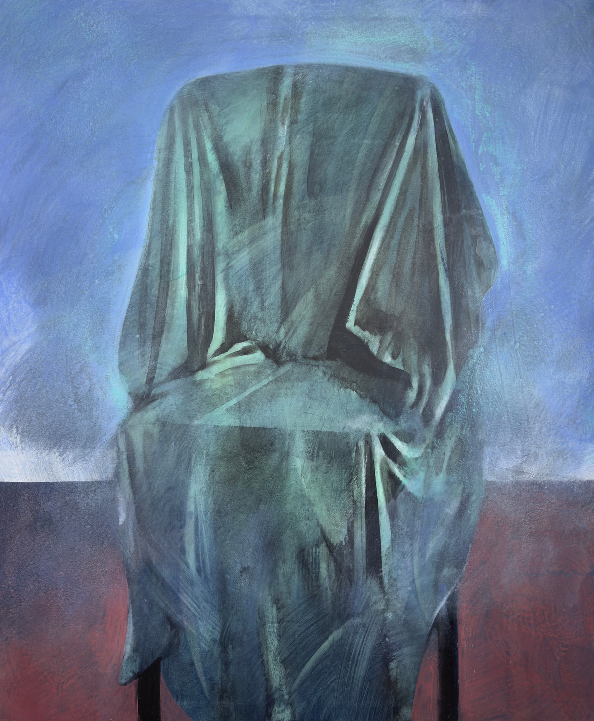 A grey-green cloth laid broad across the chair back, before blue and red-brown — Peter Wirth