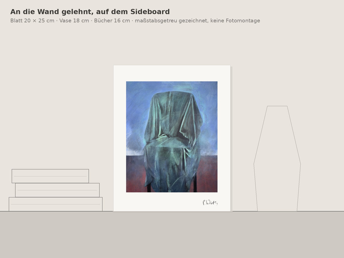 Grüngrau über der Lehne von Peter Wirth, an die Wand gelehnt auf einem Sideboard, maßstabsgetreu gezeichnet