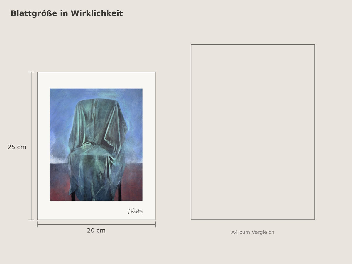 Grüngrau über der Lehne von Peter Wirth, Blattgröße 20 × 25 cm neben einem A4-Blatt