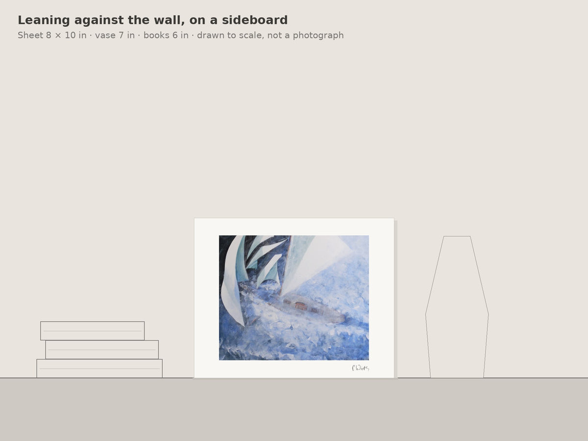 “Heeling into the Spray” by Peter Wirth, leaning against the wall on a sideboard, drawn to scale