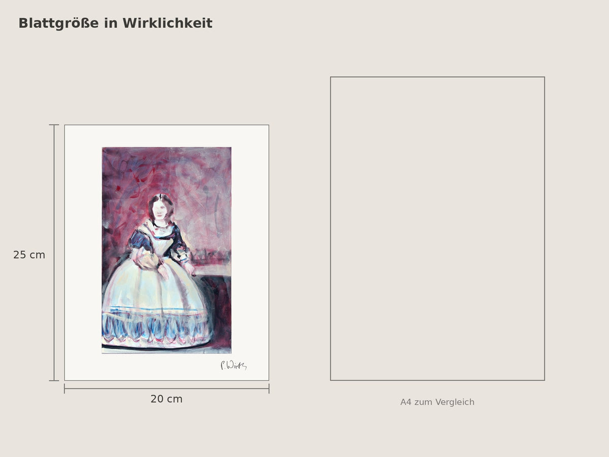 Lady Lean von Peter Wirth, Blattgröße 20 × 25 cm neben einem A4-Blatt