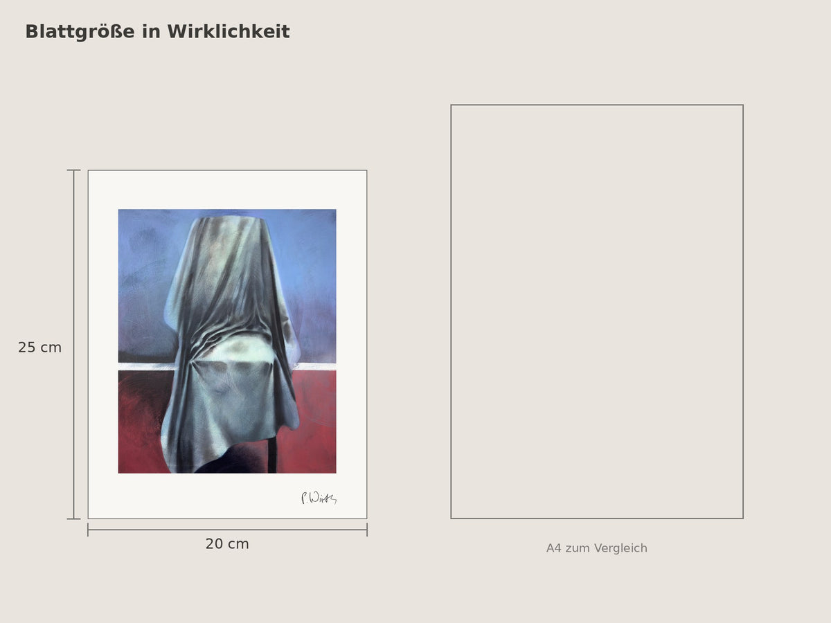 Licht auf der Sitzfläche von Peter Wirth, Blattgröße 20 × 25 cm neben einem A4-Blatt