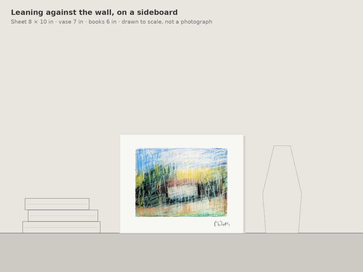Light Across the Fields by Peter Wirth, leaning against the wall on a sideboard, drawn to scale