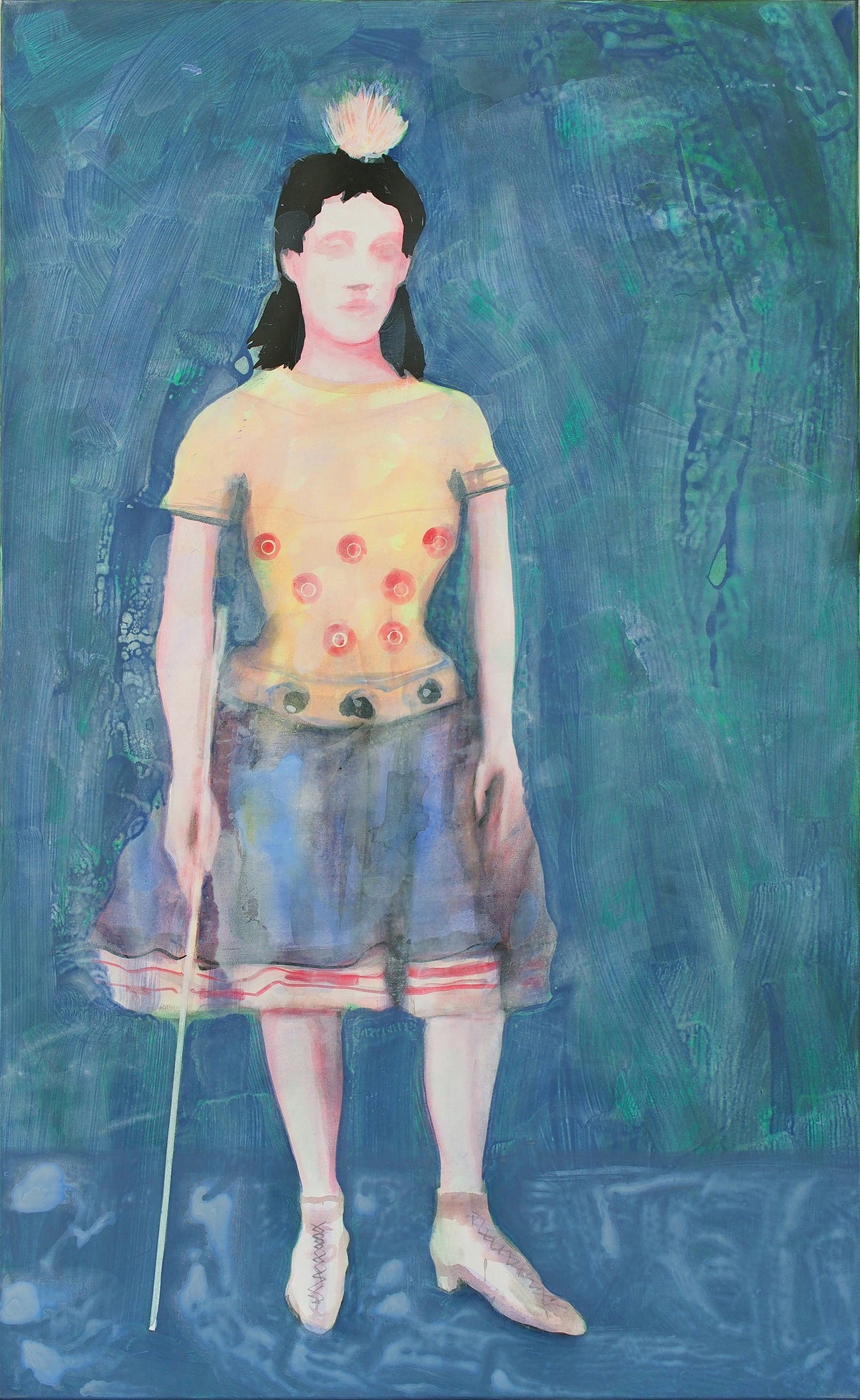 A blue ground, a standing figure in a yellow top and blue skirt, a thin rod in the hand — Peter Wirth