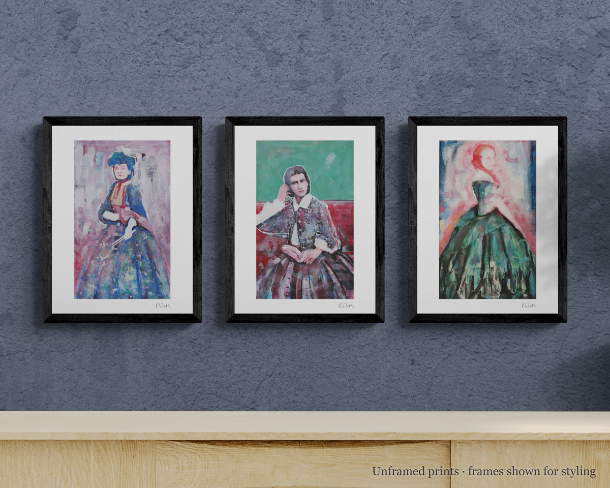 Marie and the Countess · Three by Peter Wirth, the set shown framed on a wall – unframed prints, frames shown for styling