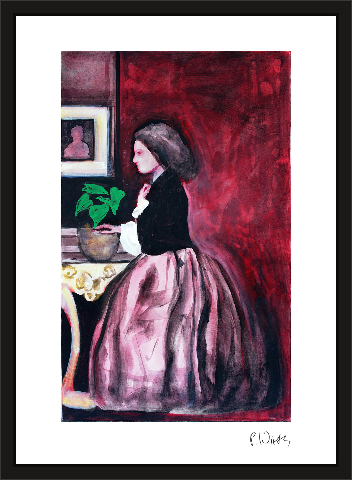 Miss E. Brahan — gerahmt in schmalem schwarzem Holz mit Acrylglas, ohne Passepartout