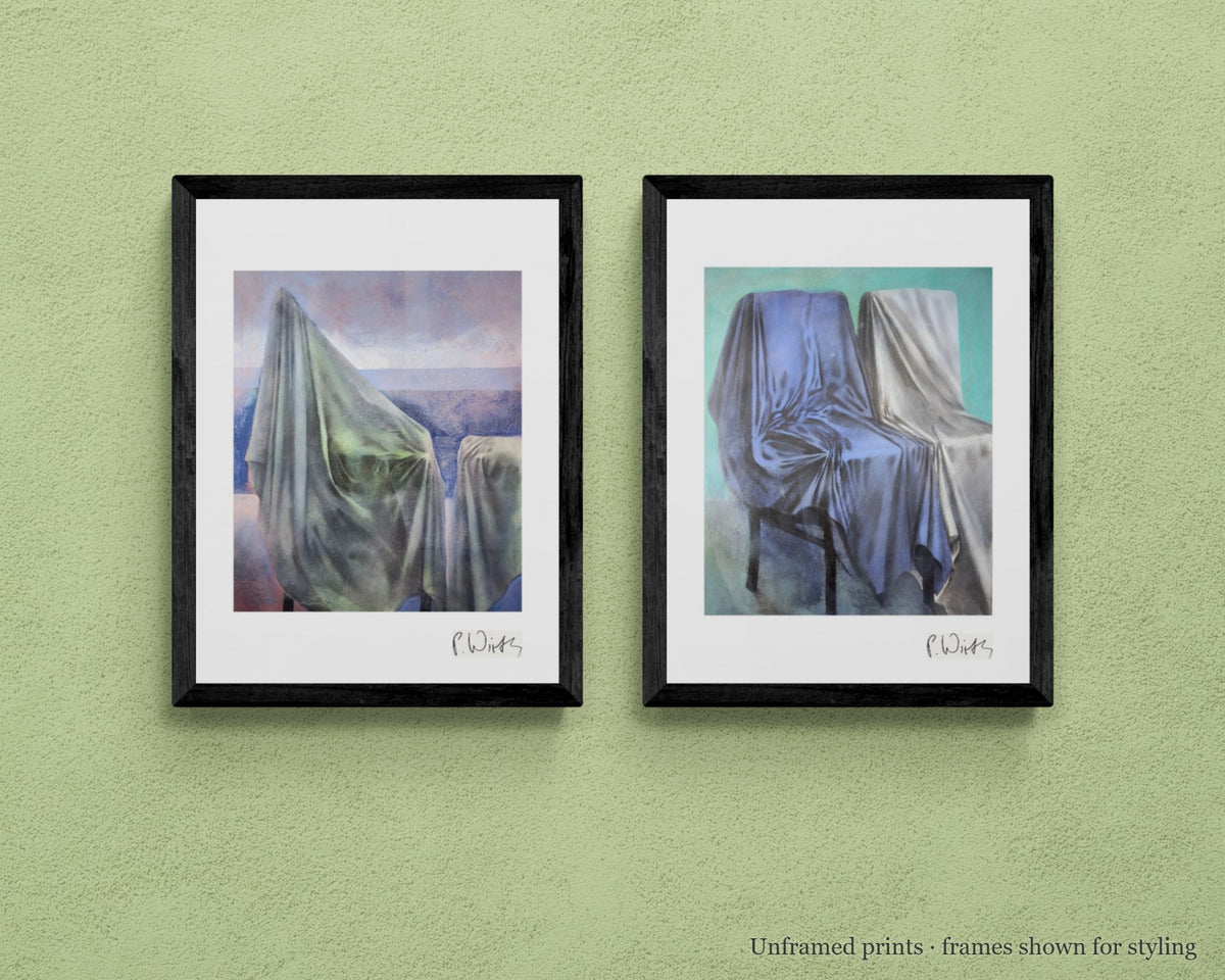 Olive and Blue · Two by Peter Wirth, the set shown framed on a wall – unframed prints, frames shown for styling