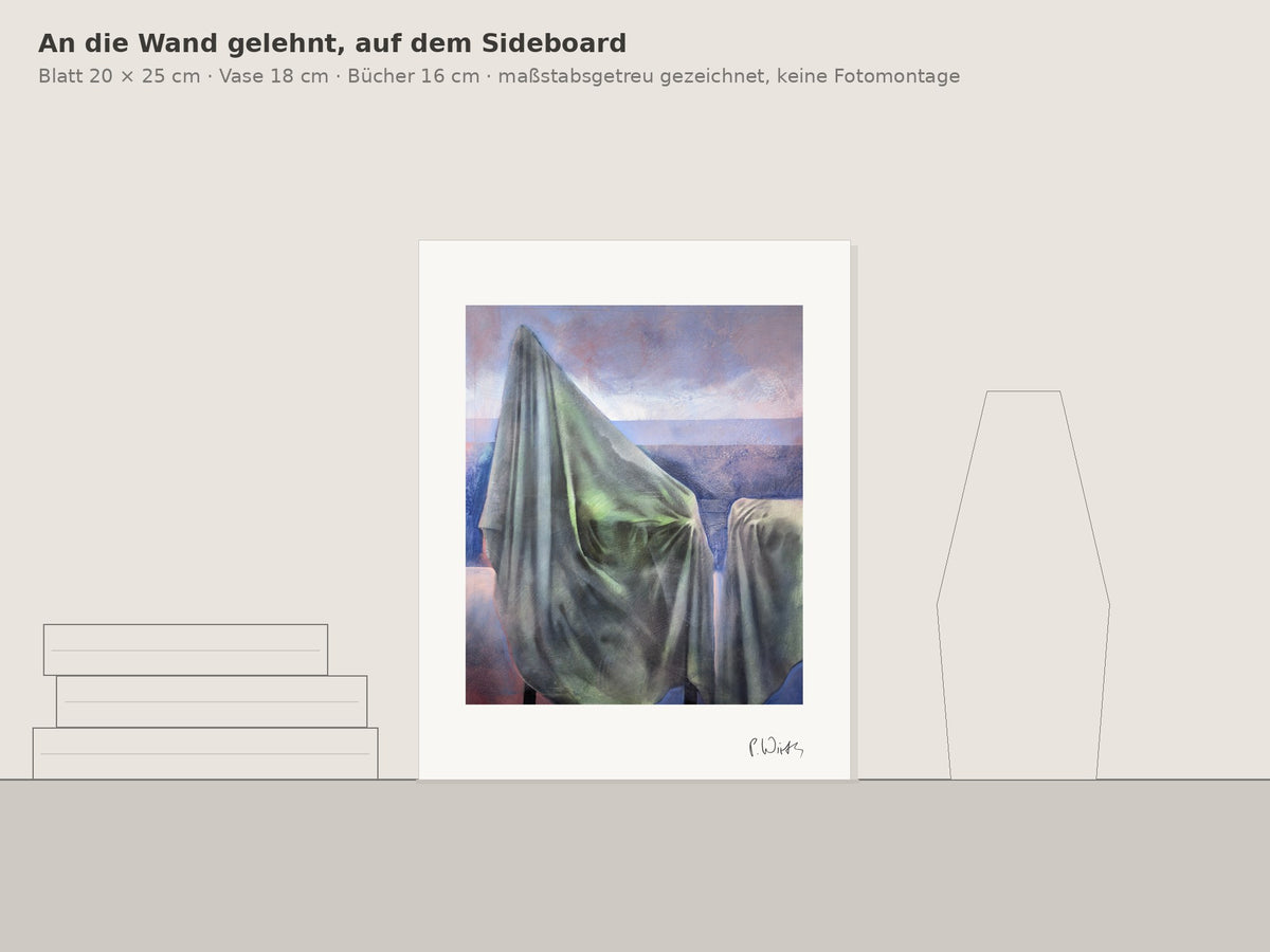 Olivgrün in der Ebene von Peter Wirth, an die Wand gelehnt auf einem Sideboard, maßstabsgetreu gezeichnet