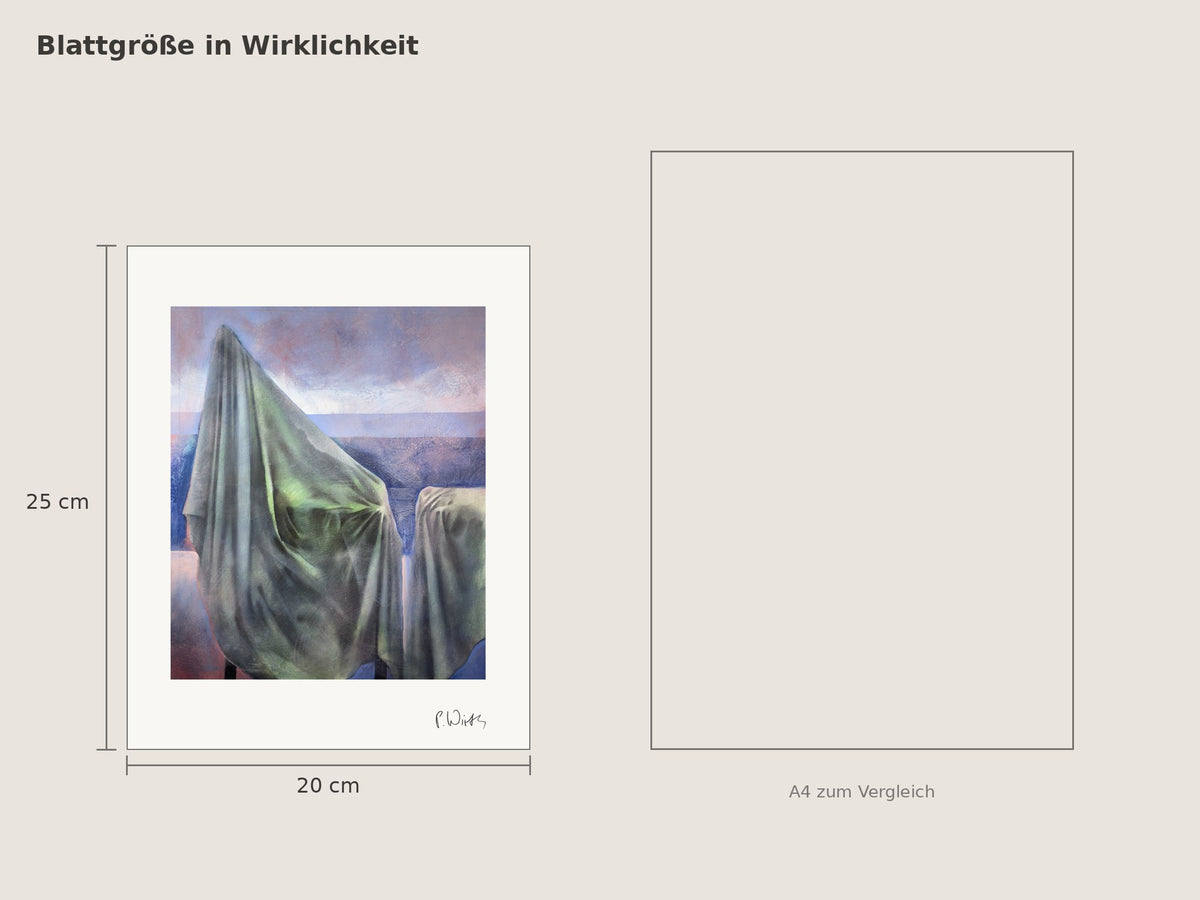 Olivgrün in der Ebene von Peter Wirth, Blattgröße 20 × 25 cm neben einem A4-Blatt