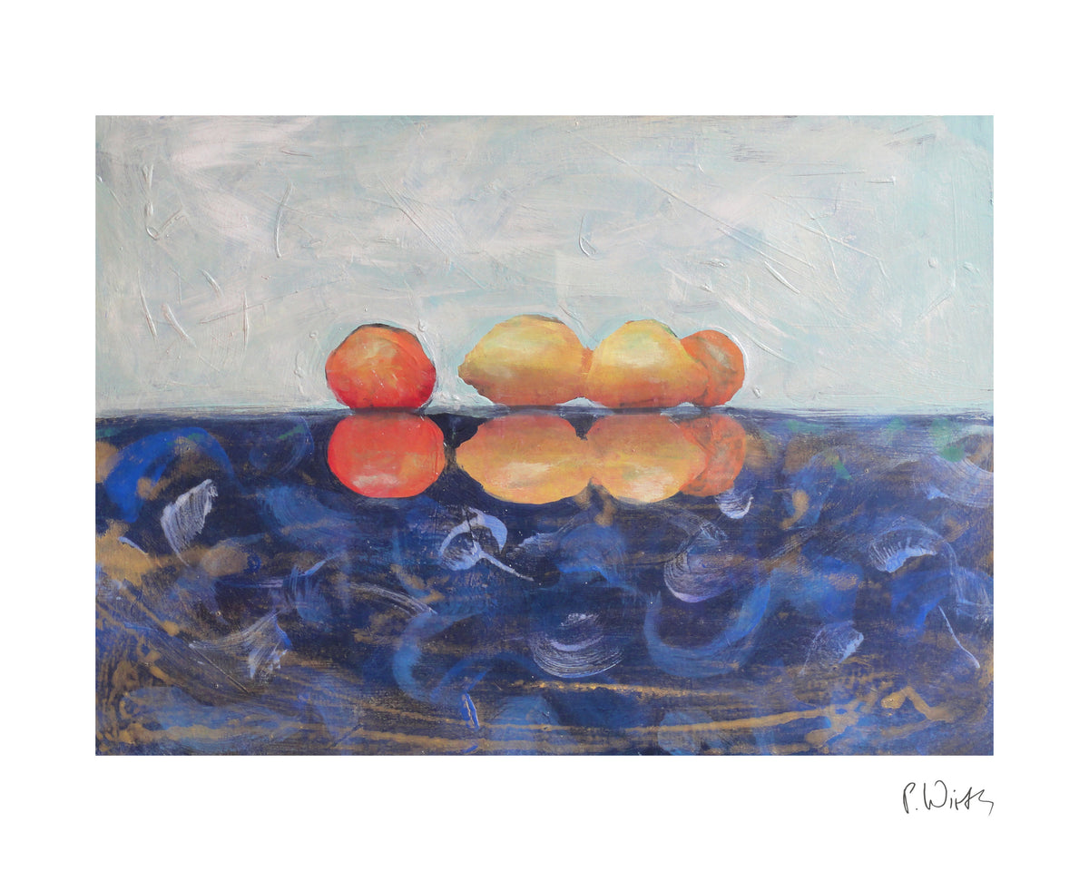 Orange Fruit on Blue — fine art print after Peter Wirth, sheet with white border and signature
