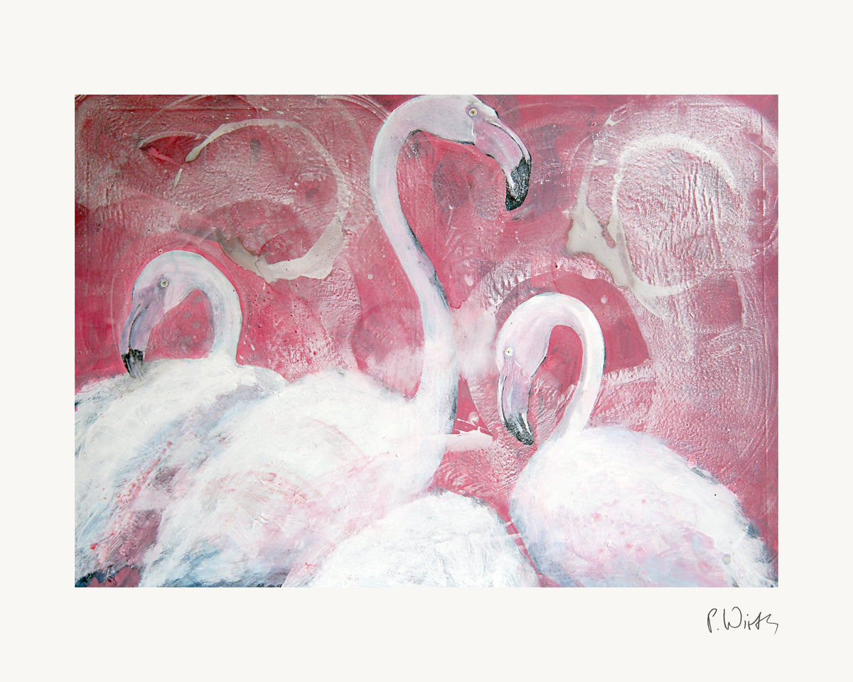 Flamingos I von Peter Wirth, das ganze Blatt mit weißem Rand und gedruckter Signatur