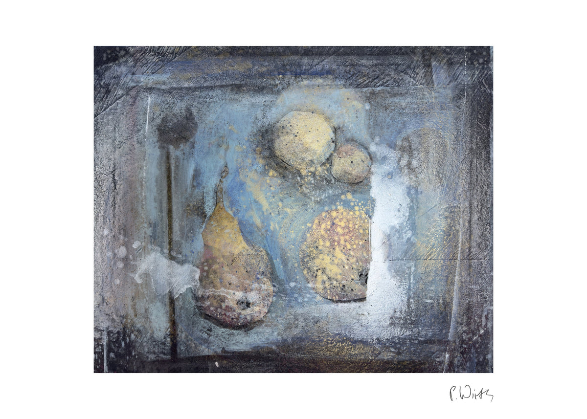 Pear and Fruits on Blue — fine art print after Peter Wirth, sheet with white border and signature