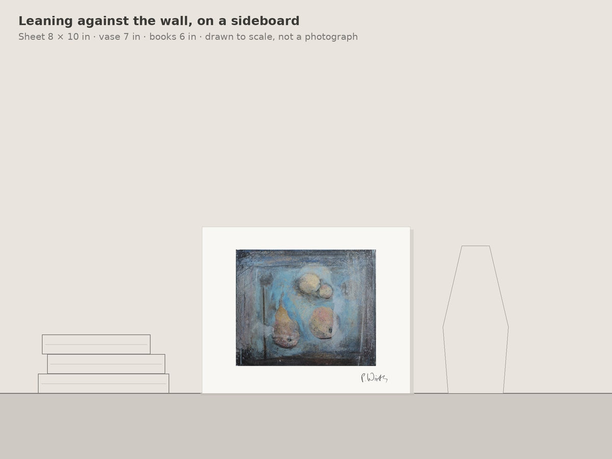 Pear and Fruits on Blue by Peter Wirth, leaning against the wall on a sideboard, drawn to scale