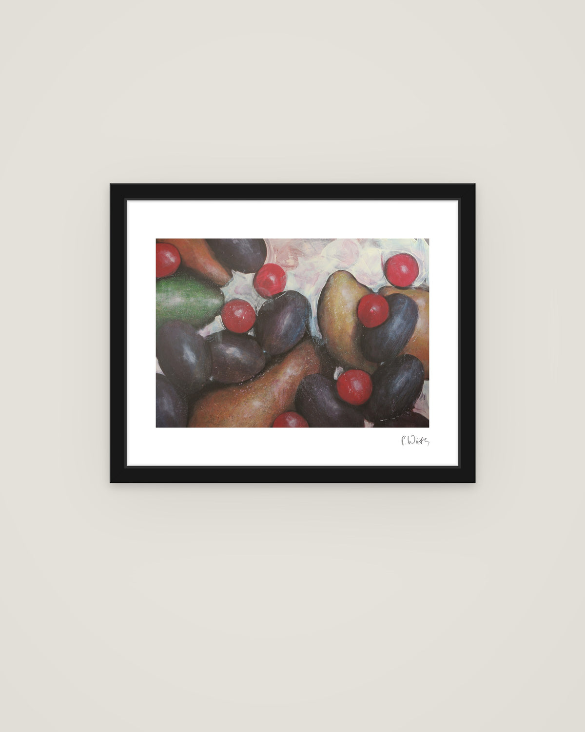 Plums and Cherries by Peter Wirth, framed in slim black wood with acrylic glazing