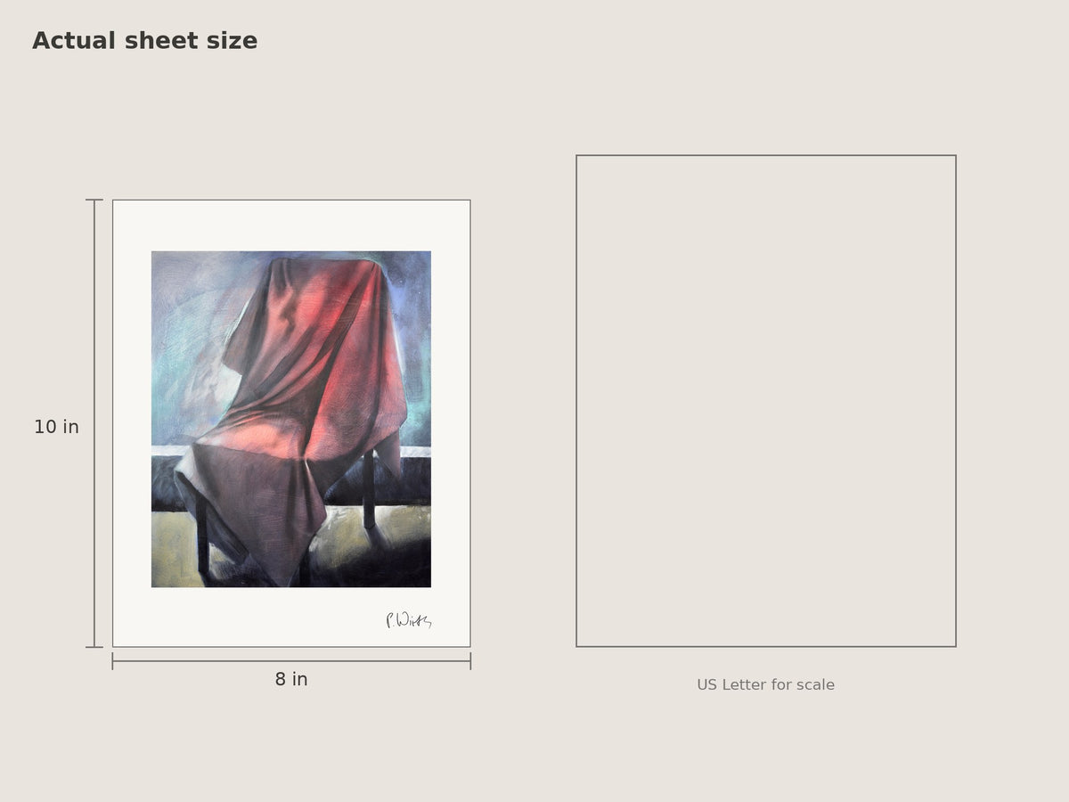 “Red Cloth, Thrown Across” by Peter Wirth, sheet size 8 × 10 in beside a US Letter sheet