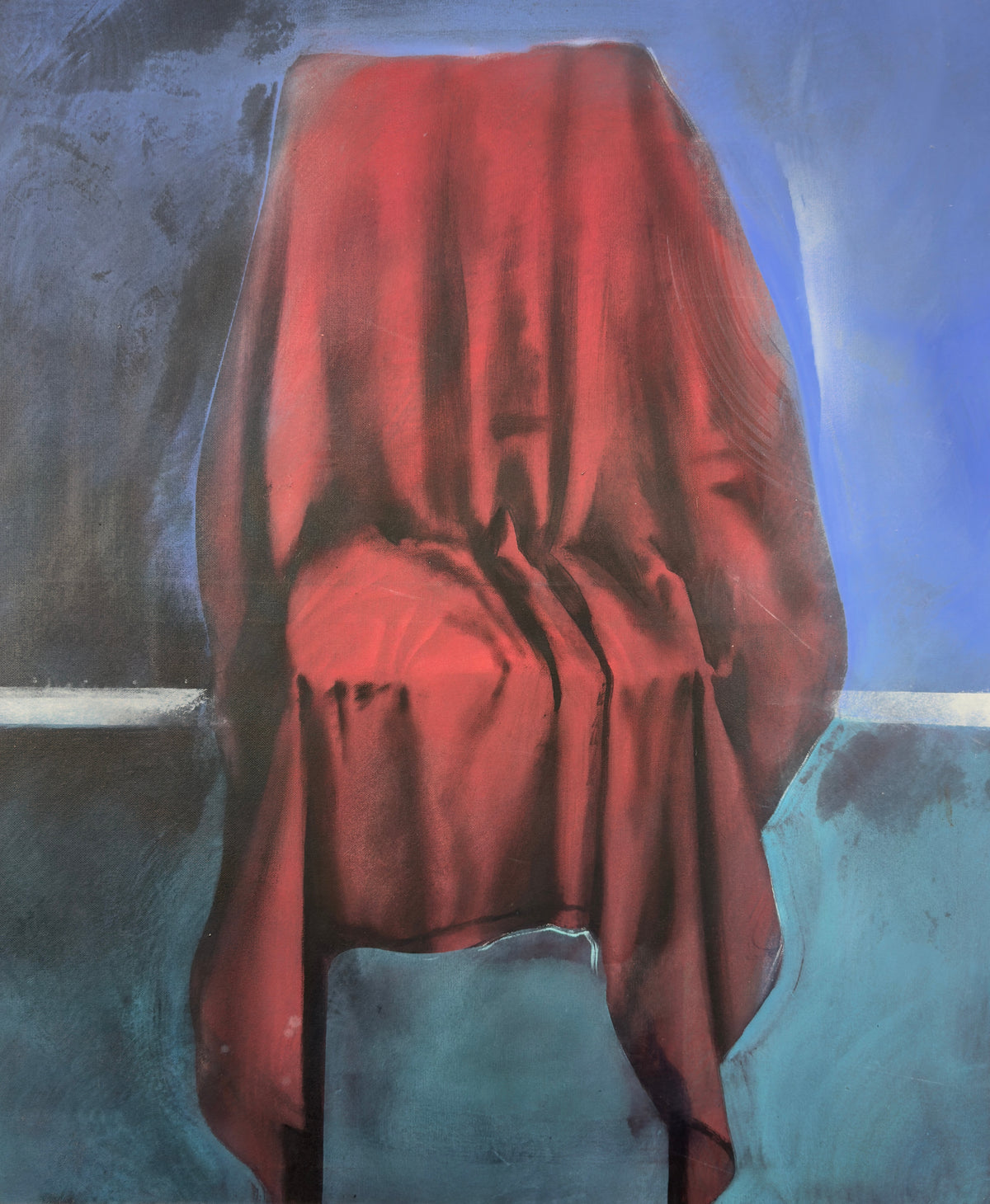 A red cloth falling in long vertical folds over a chair, before blue and turquoise — Peter Wirth